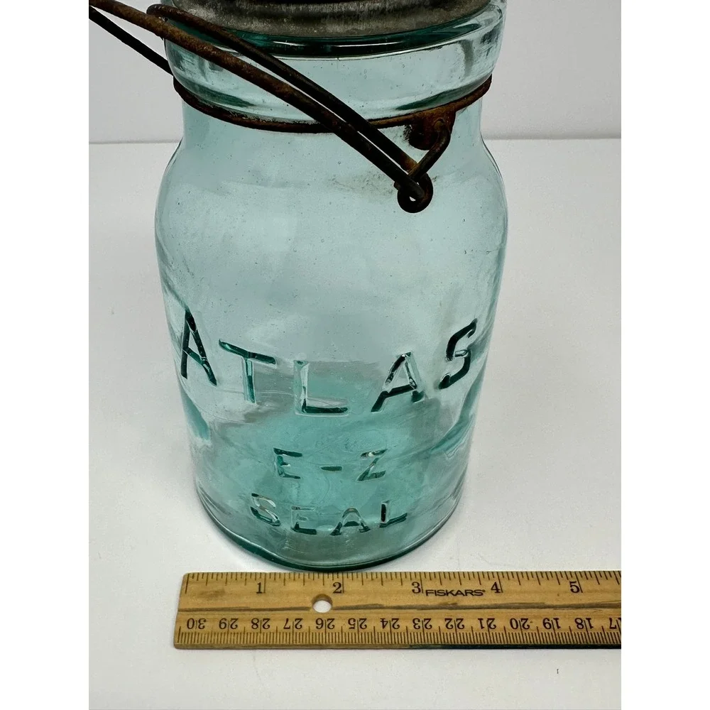 Vintage Atlas EZ Seal Aqua Blue Glass Mason Jar with Zinc Lid and Wire Bail A2